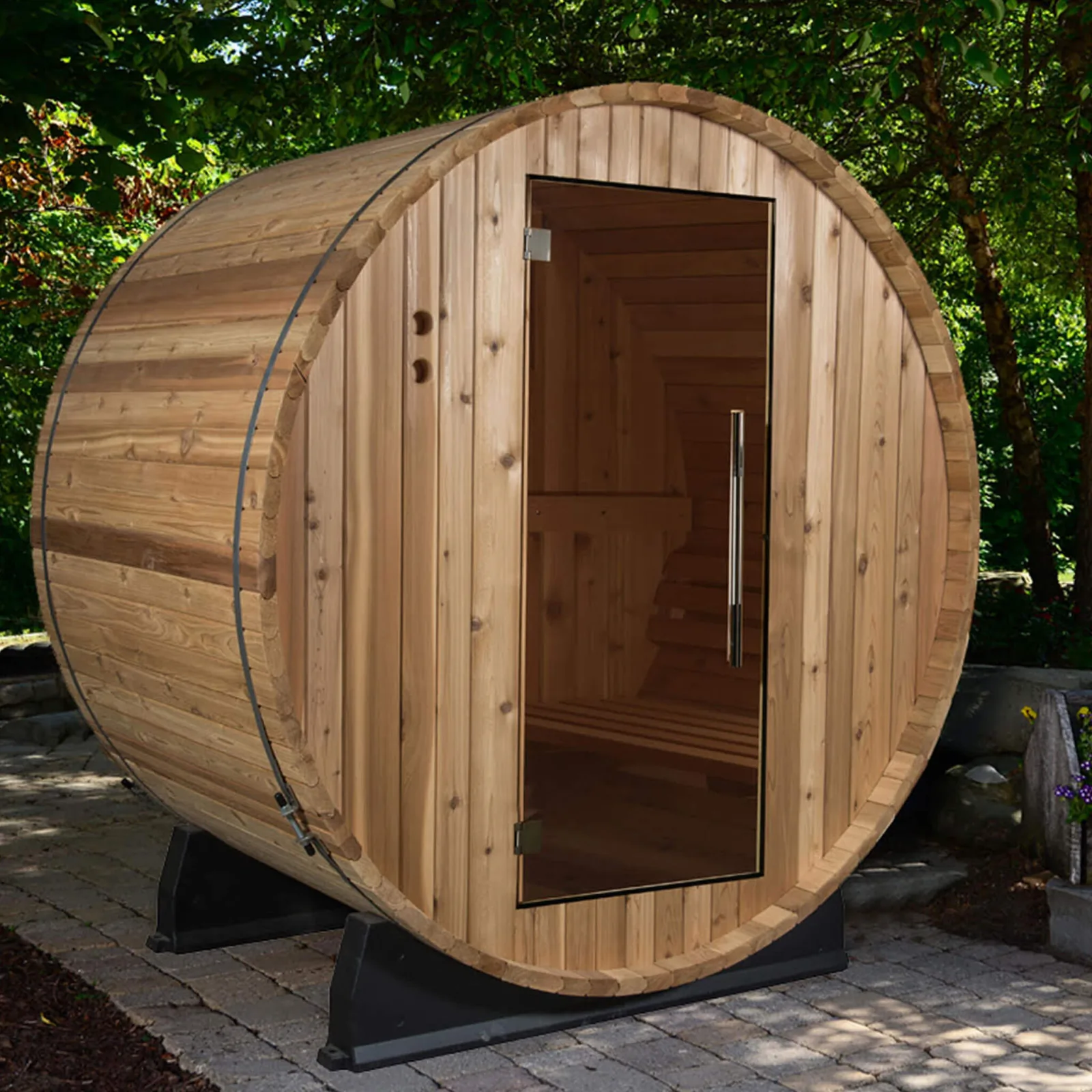 Almost Heaven Salem 2-person cedar barrel sauna with glass door, product photo