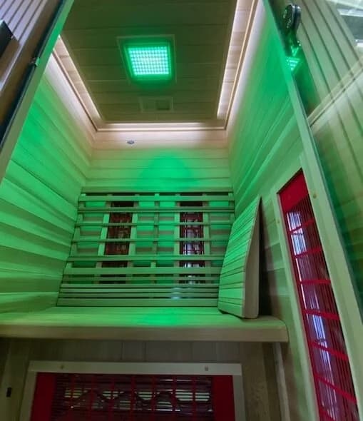 Health Mate infrared sauna interior with chromotherapy lighting and carbon heater panels