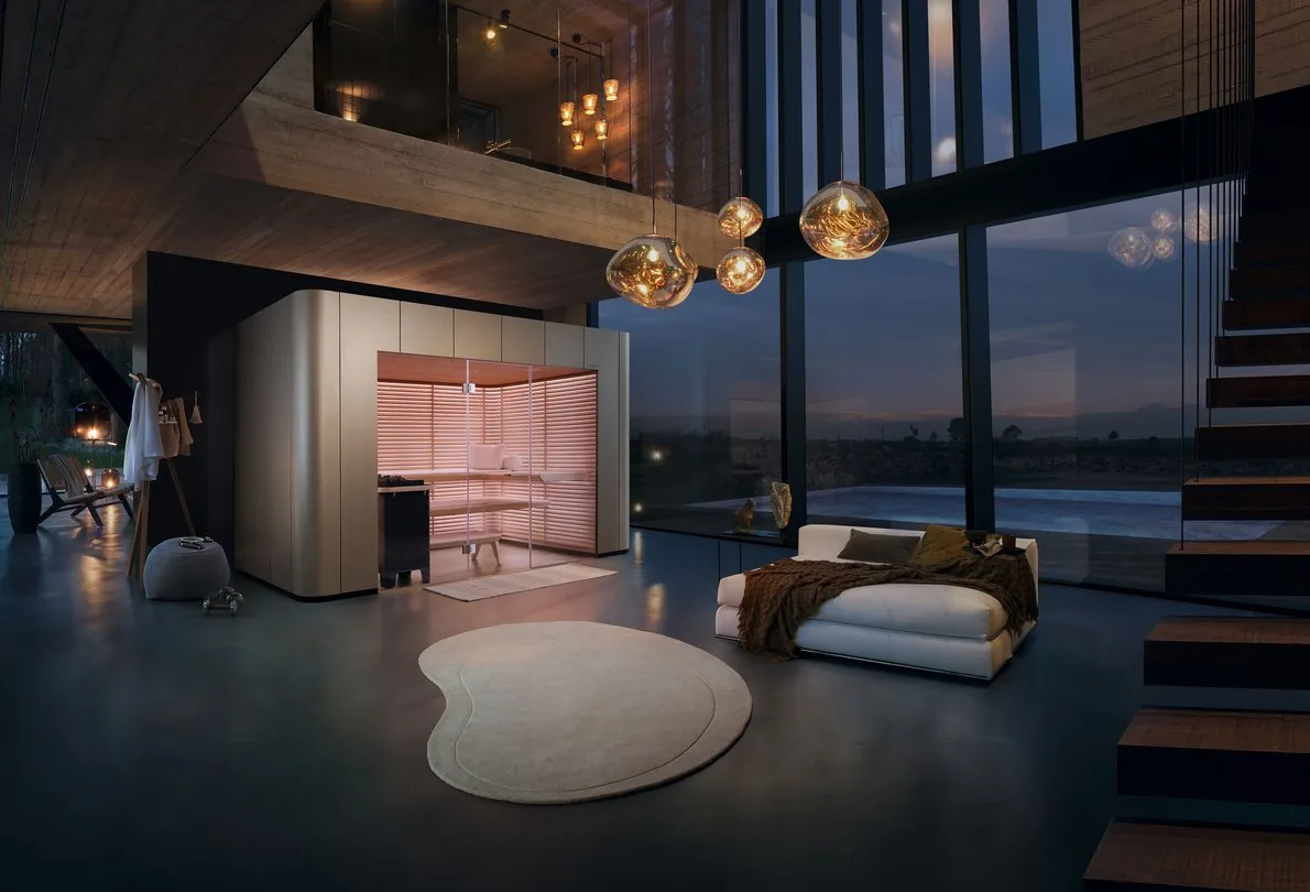 Klafs S11 sauna in a modern architectural interior with floor-to-ceiling windows