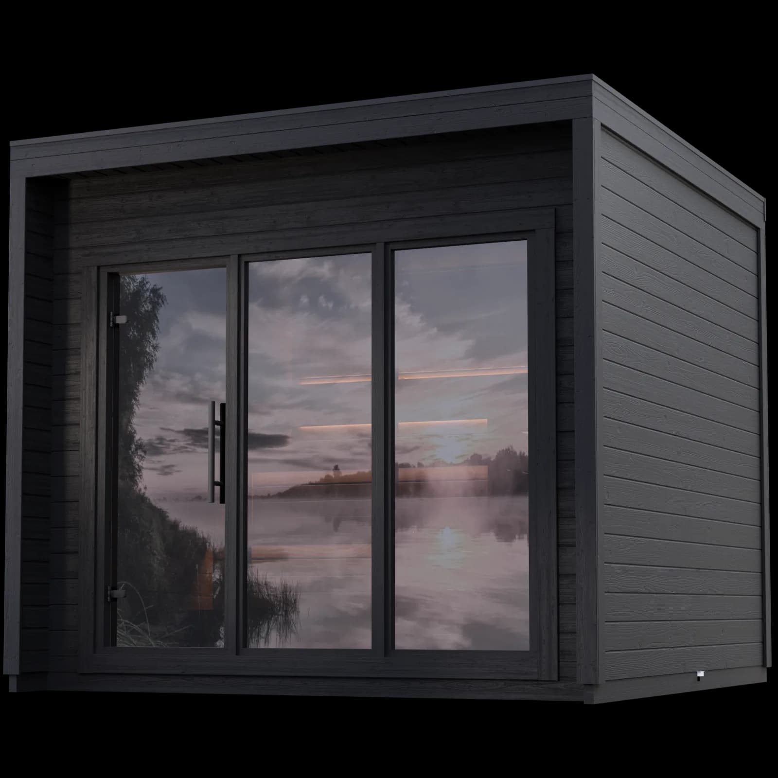 Loyly Original exterior render, side view of the cabin