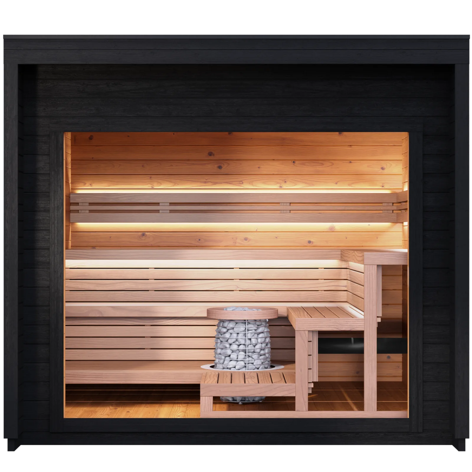 Loyly Original interior render showing the L-shaped Thermo-Aspen benches and HUUM Hive heater