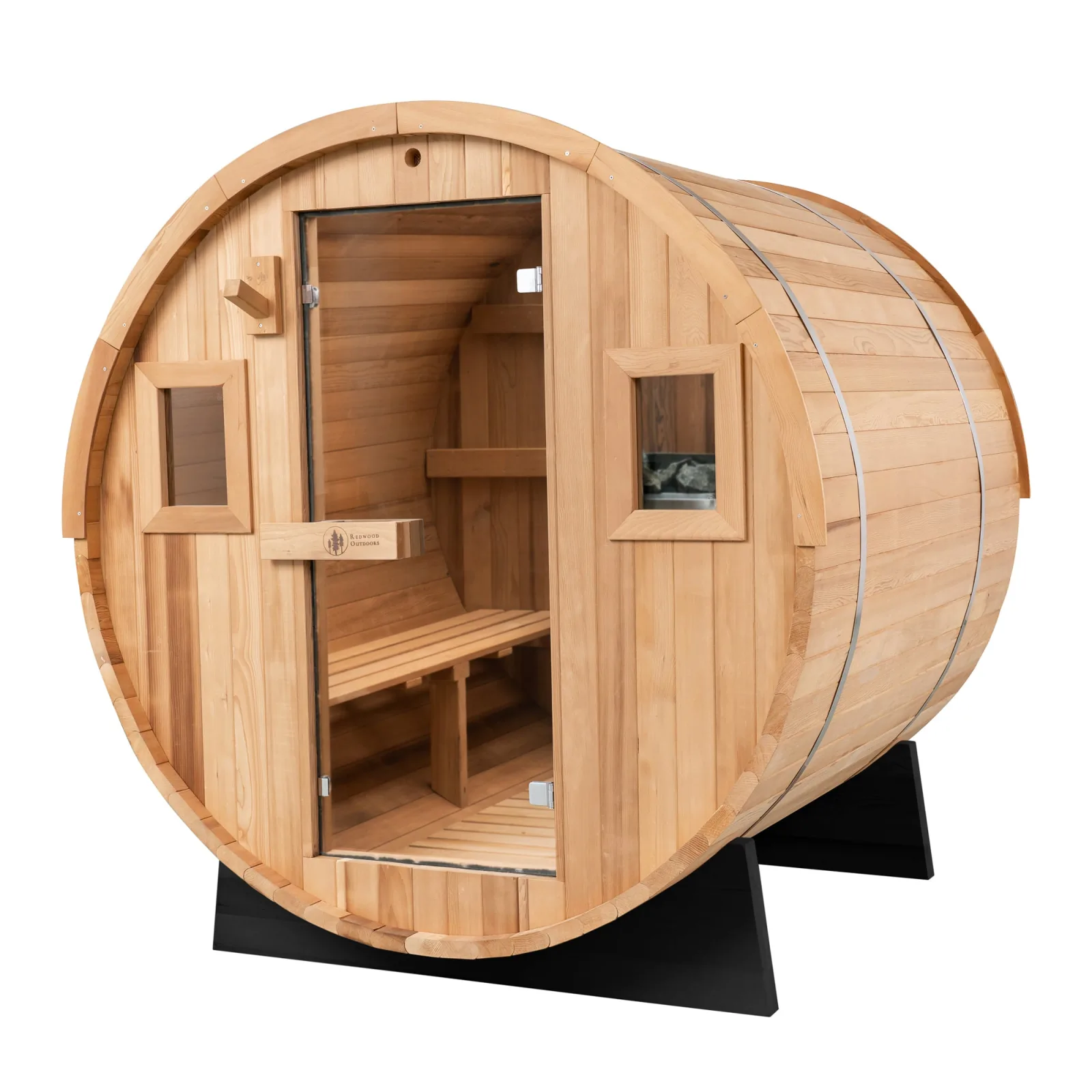 Redwood Outdoors 6-person hemlock barrel sauna, angle view product photo
