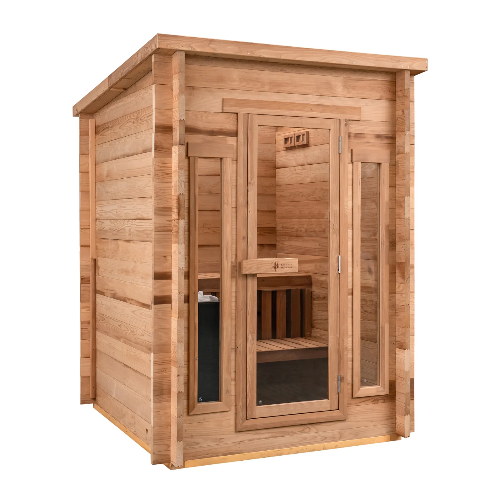 Redwood Outdoors Cabin 4-person outdoor sauna, angle view