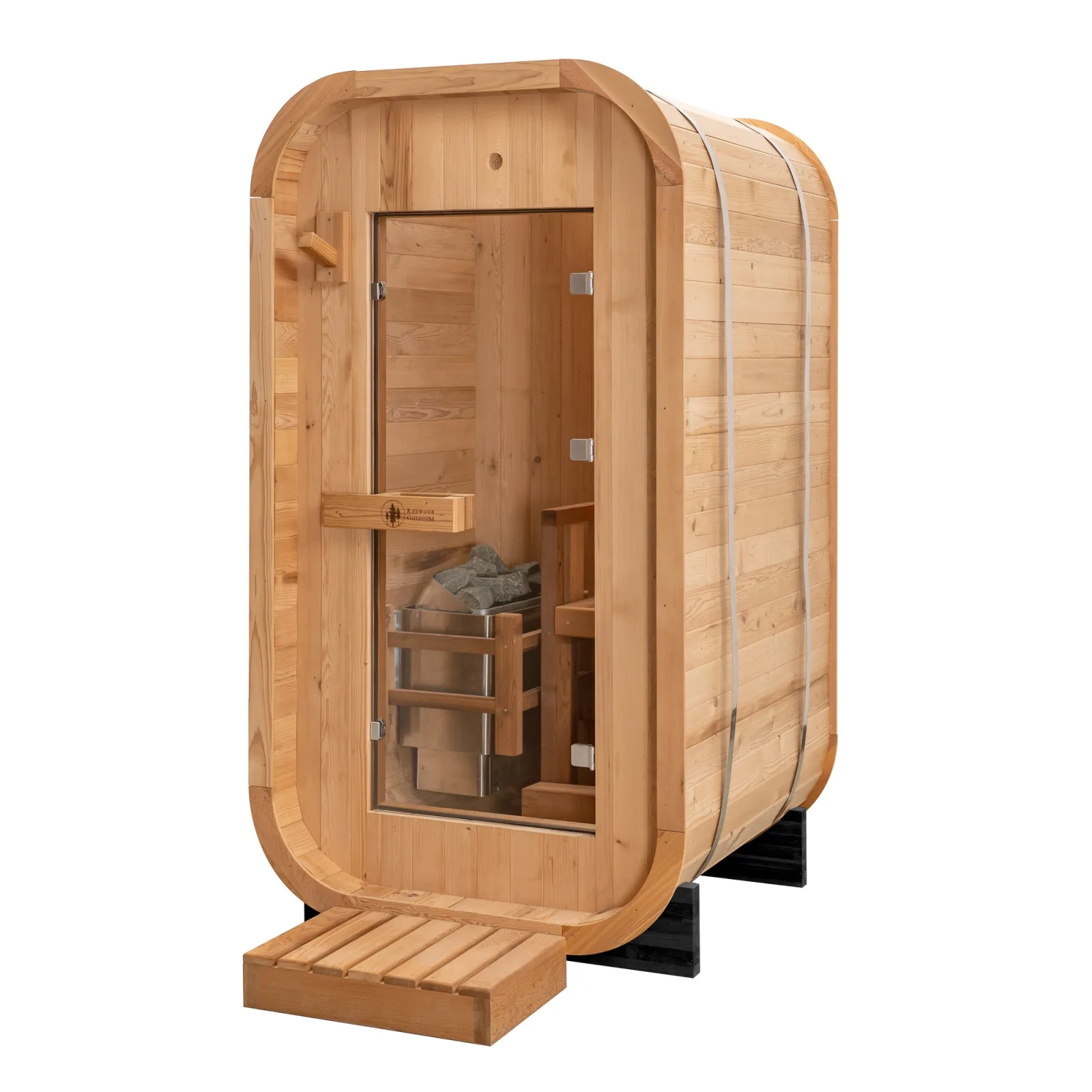 Redwood Outdoors Solo 1-person outdoor sauna, front angle view