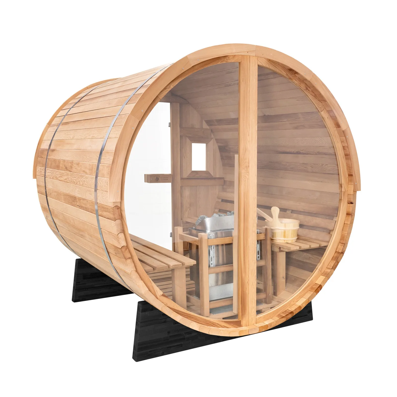 Redwood Outdoors Vista 6-person outdoor sauna with panoramic windows