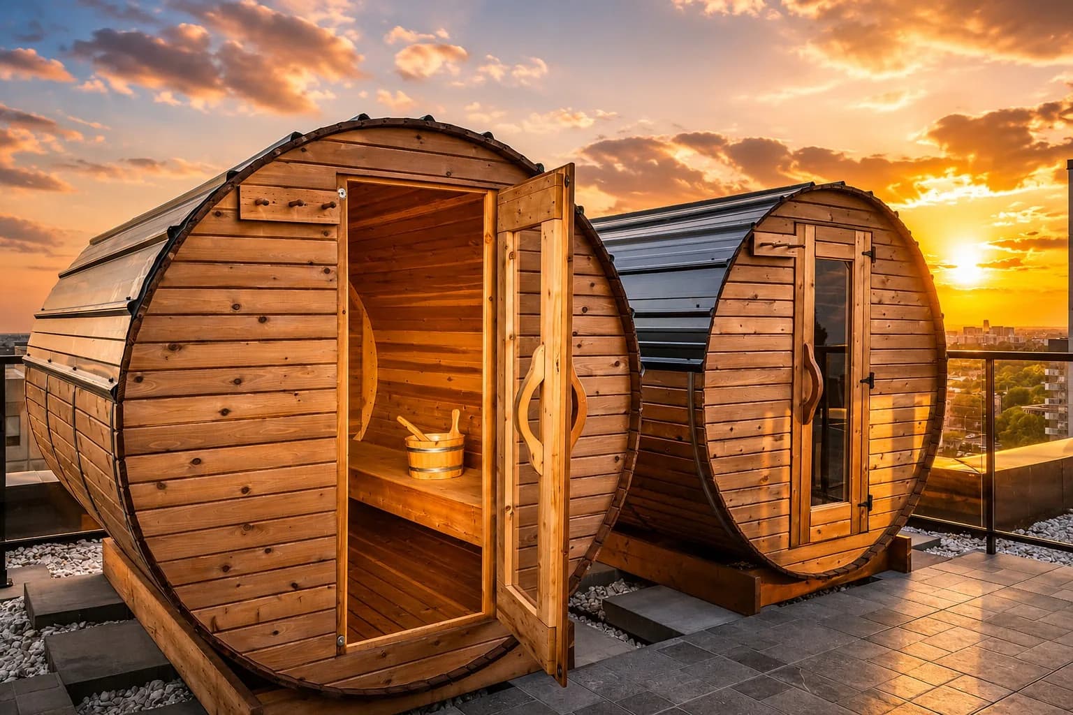 Two SaunaSpa.ca barrel saunas with doors open on a rooftop deck at sunset