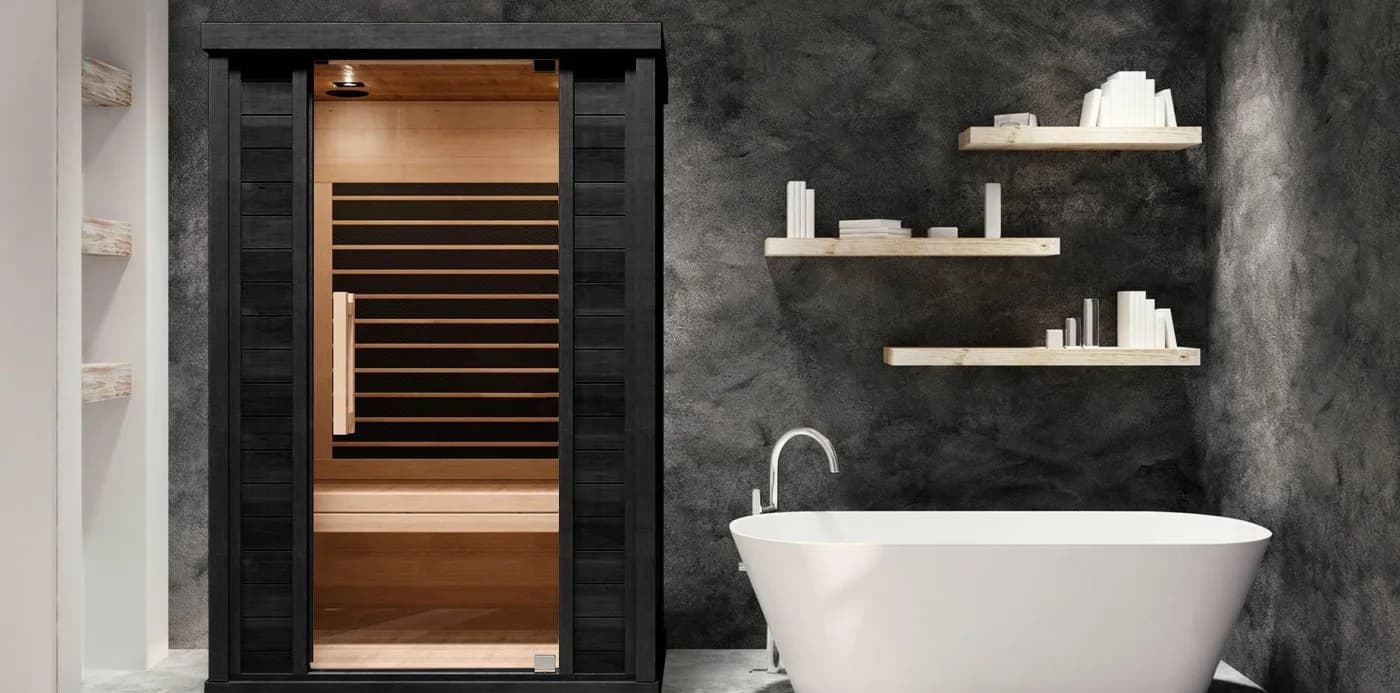 Interior view of the Sun Home Equinox 2-person infrared sauna with wood benches and heater panels