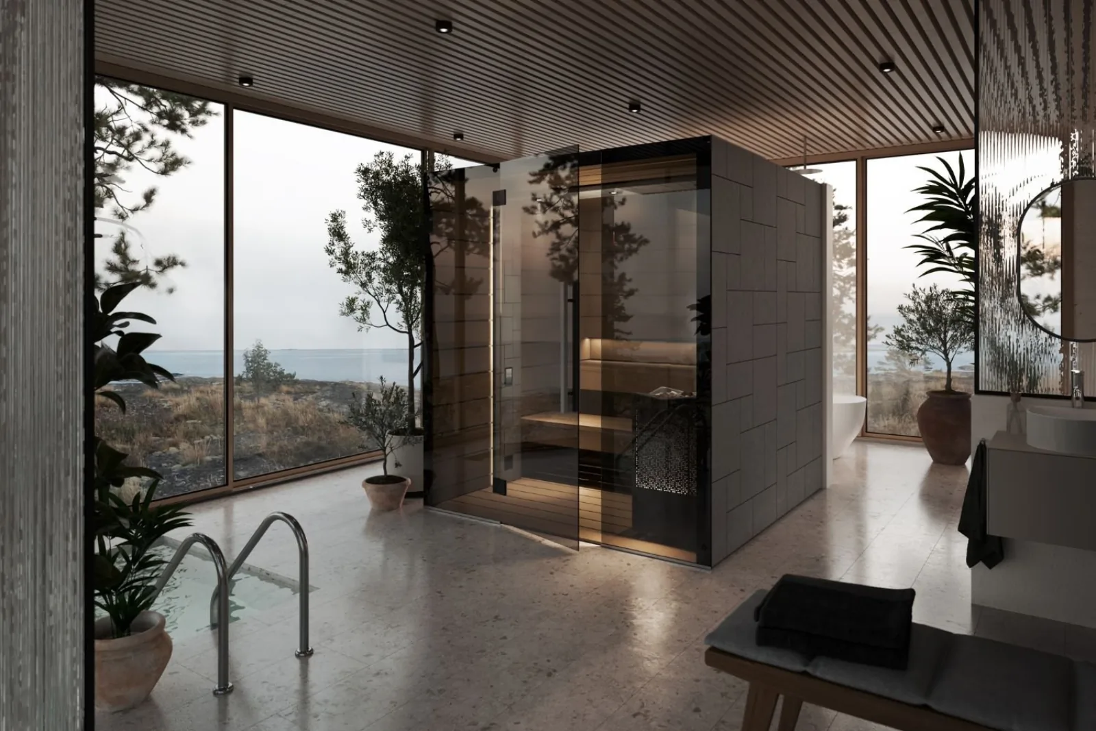 Tylö Reflection sauna room with backlit glass door and slatted cedar benches
