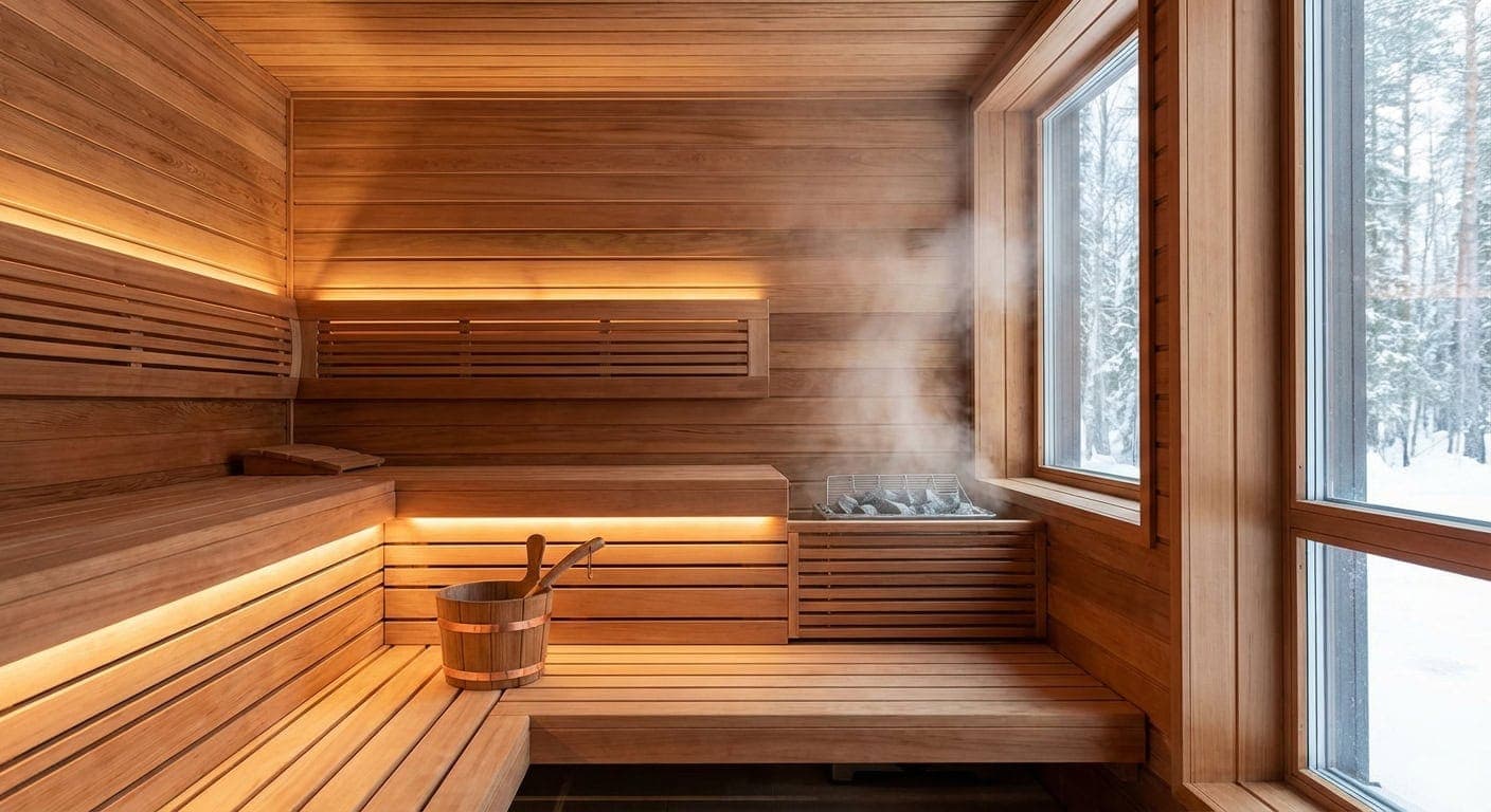 Interior of a home sauna with warm wood tones