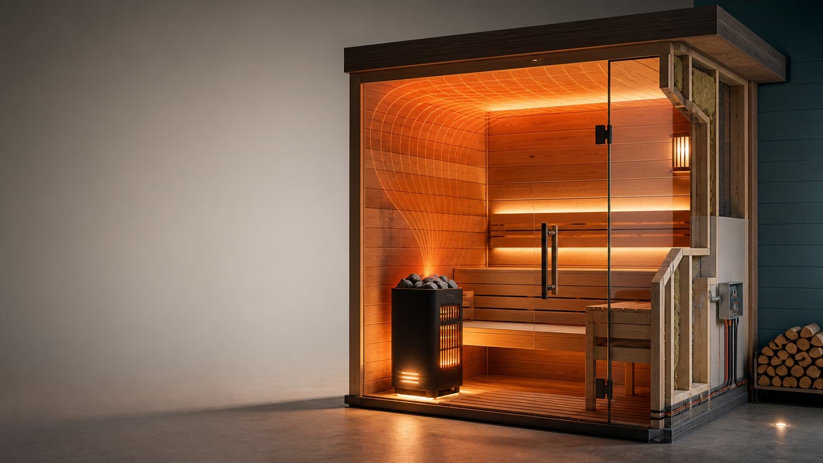 Architectural sauna cutaway with glass, heater, insulation and heat flow.