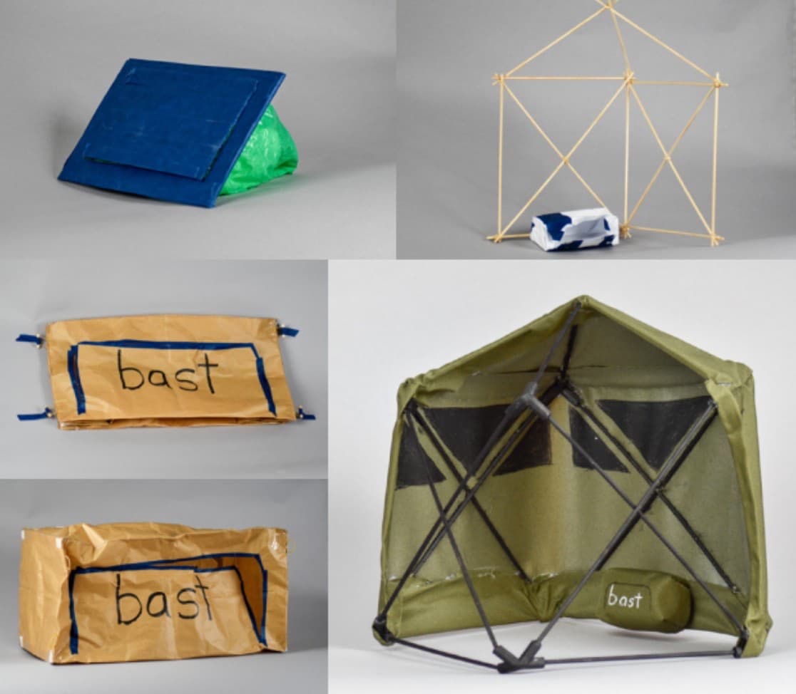 Four early bast prototypes: initial concept, geodesic frame study, kraft packaging, and the final assembled Näver tent