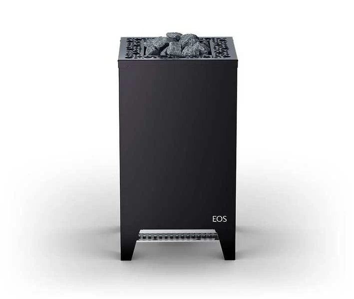 EOS Cubo 2 black design sauna heater front view with stone bed