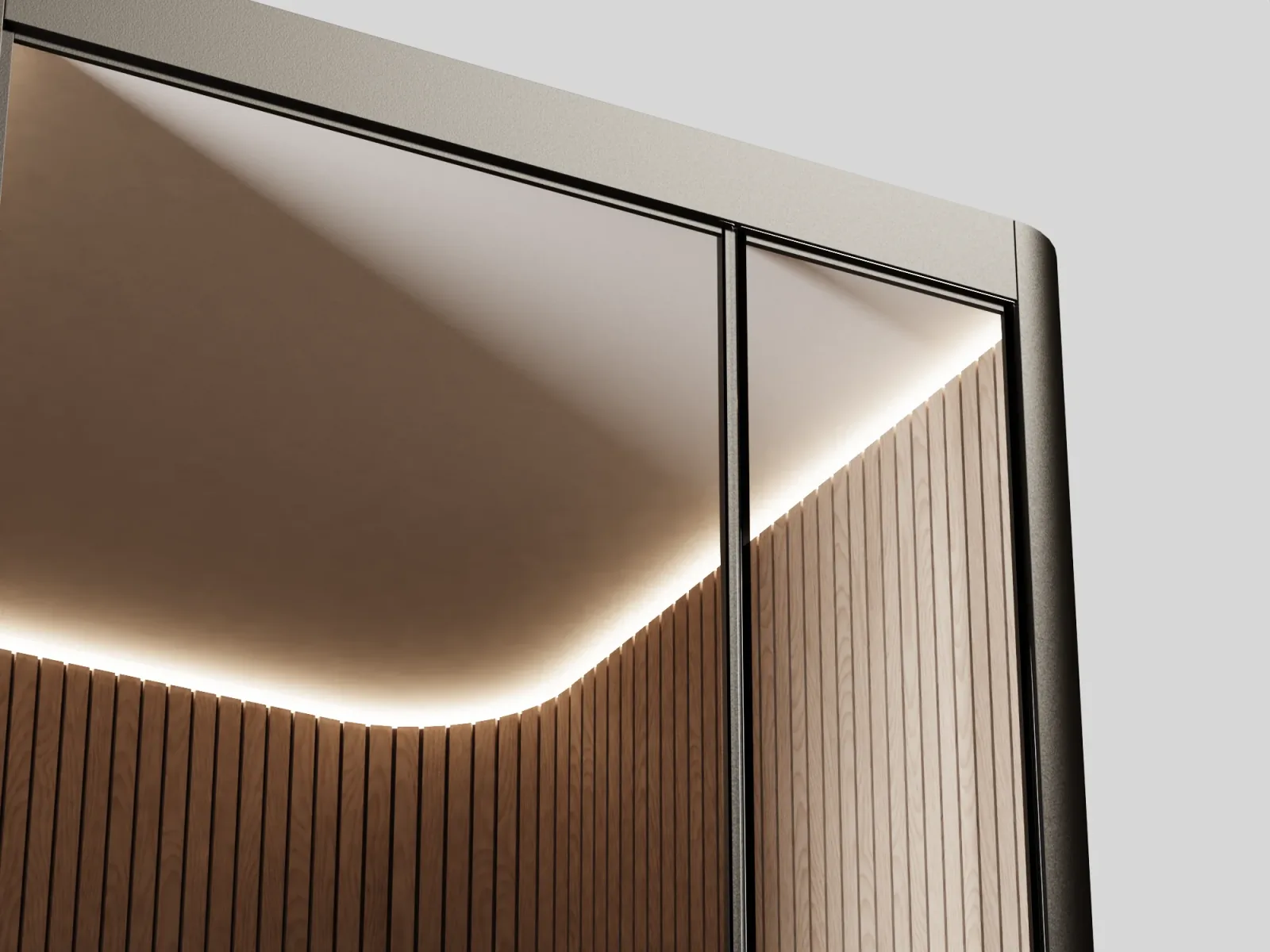 Haven Sauna feature detail showing glass door and lighting