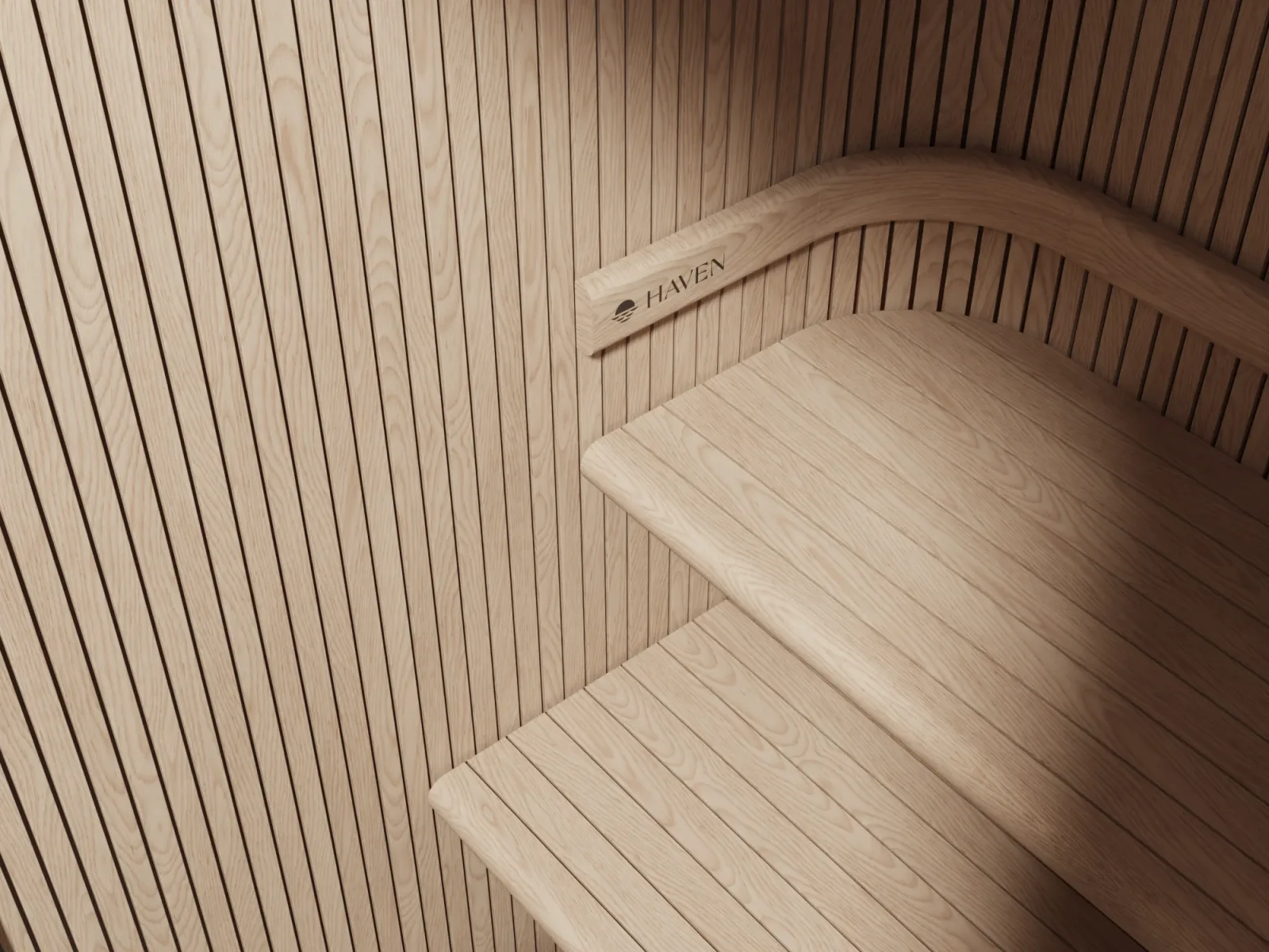 Haven Sauna interior with Thermo Aspen wood and three-tier bench