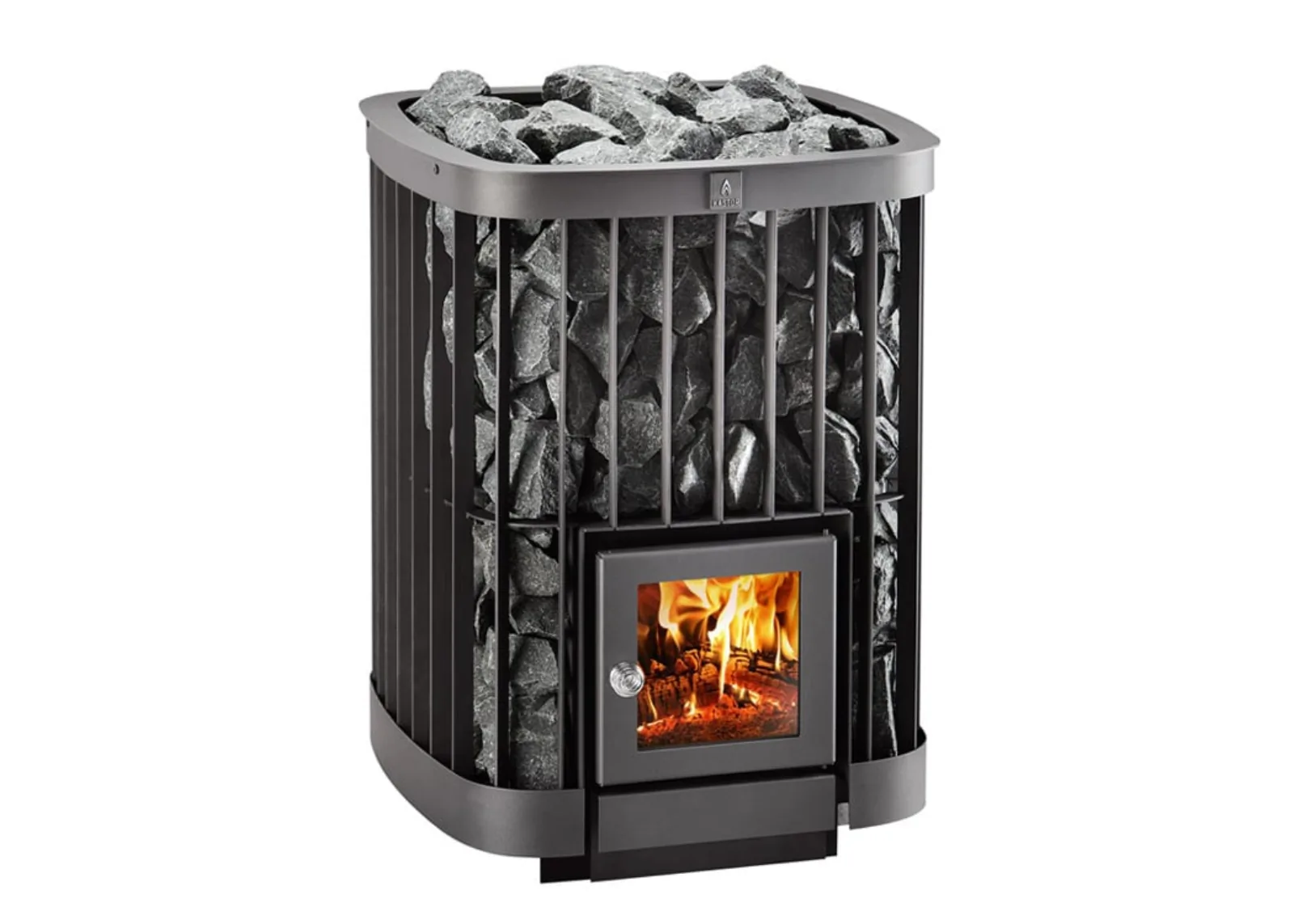 Kastor Saga wood-burning sauna heater with large exposed stone bed