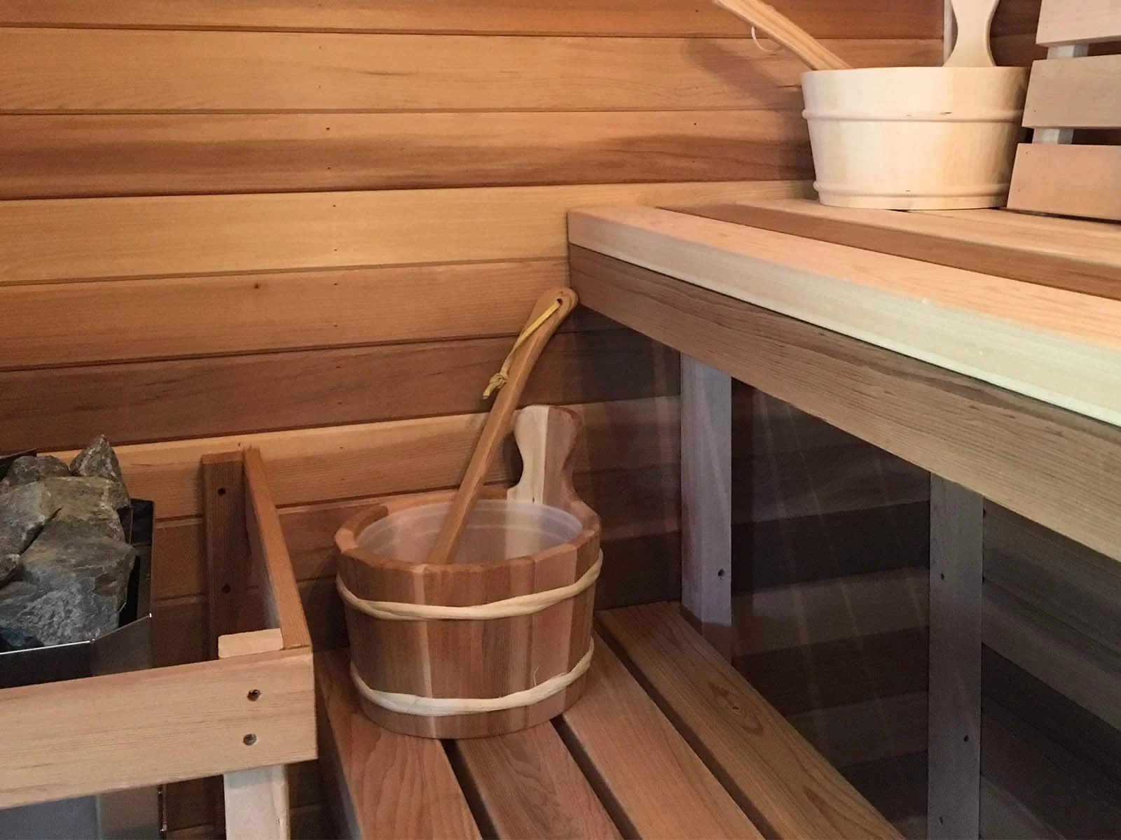 DIY sauna kit components laid out before assembly
