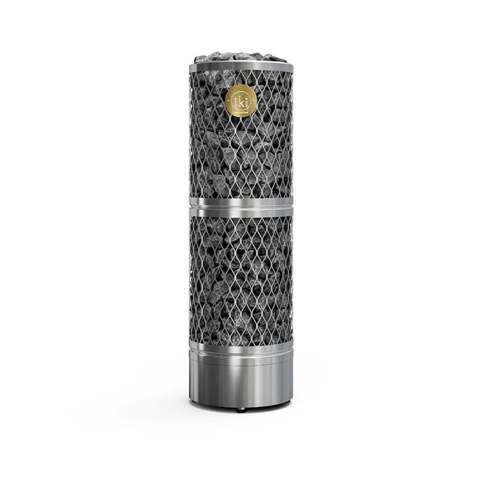Pillar IKI 9 kW electric sauna heater in stainless steel with stacked stones