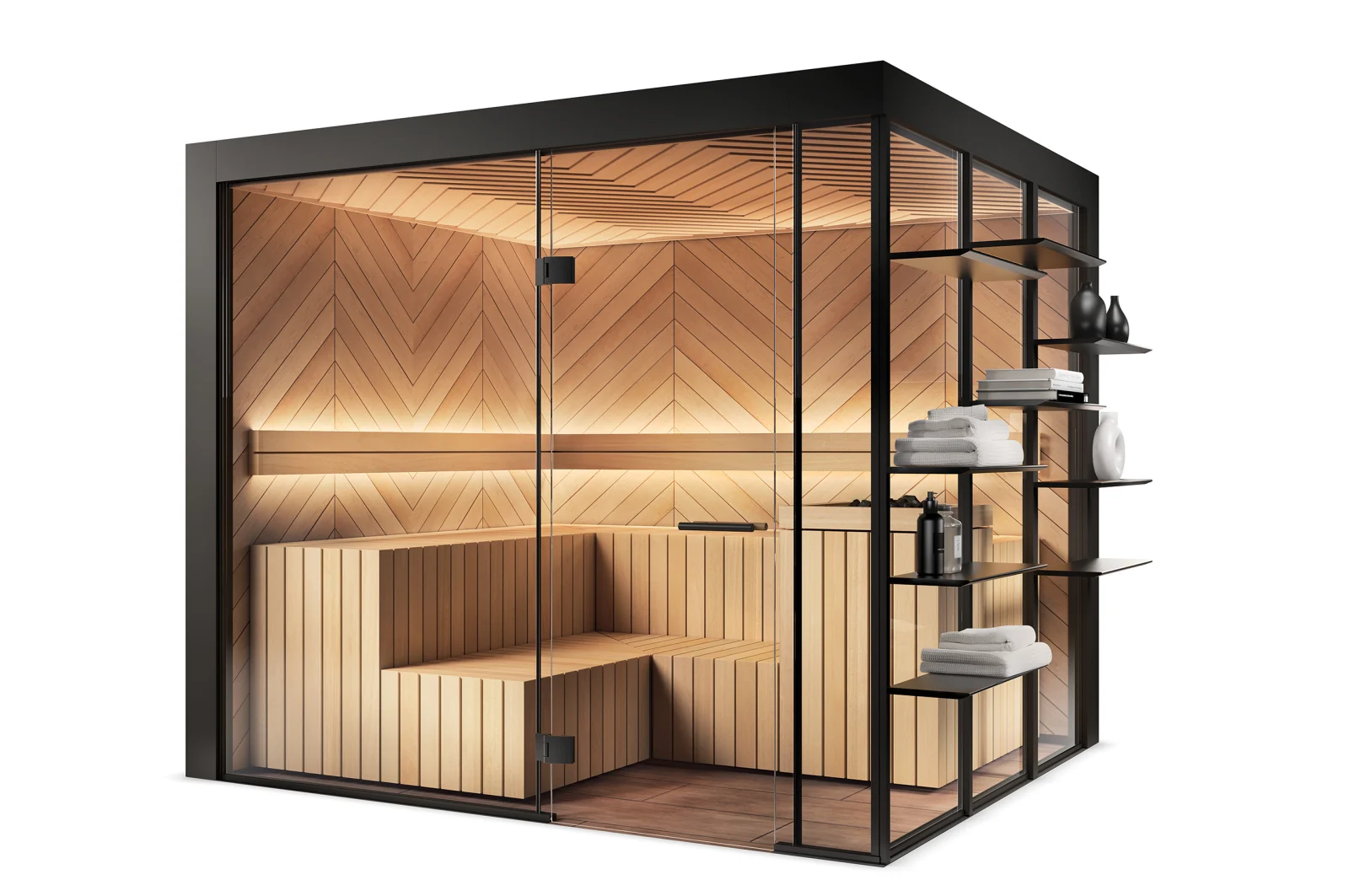 Klafs GESA glass-front sauna cabin with shelving, clean cutout product shot