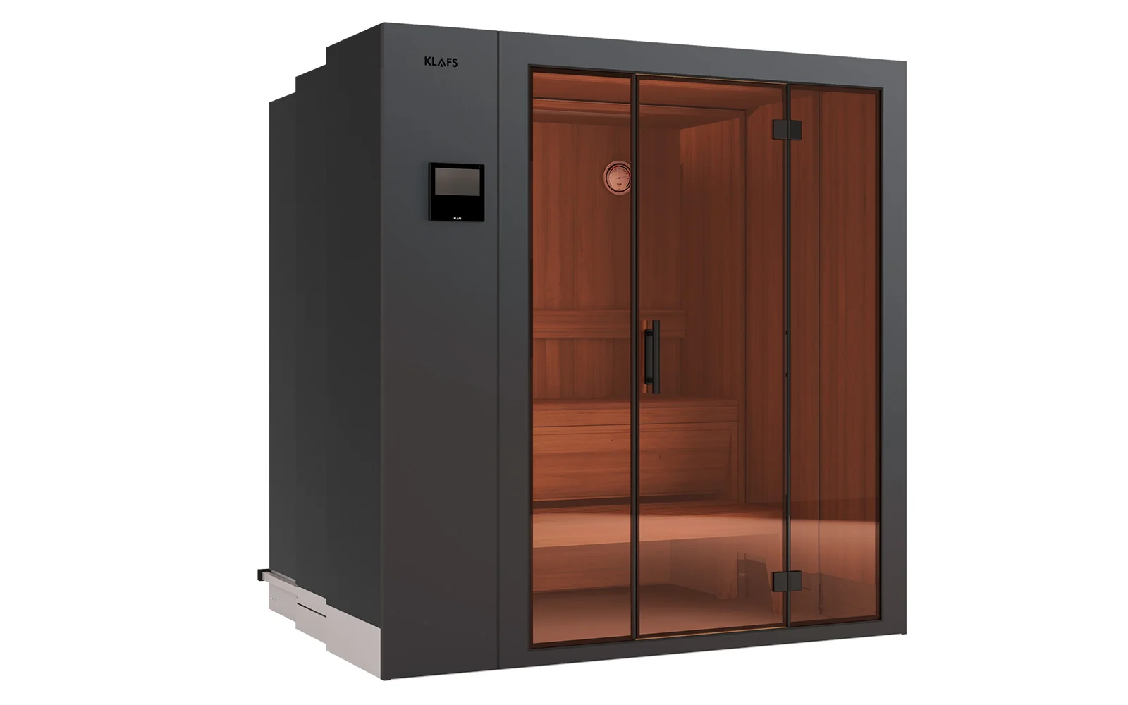 Klafs S1 sauna in black walnut with insulated glass front, product view