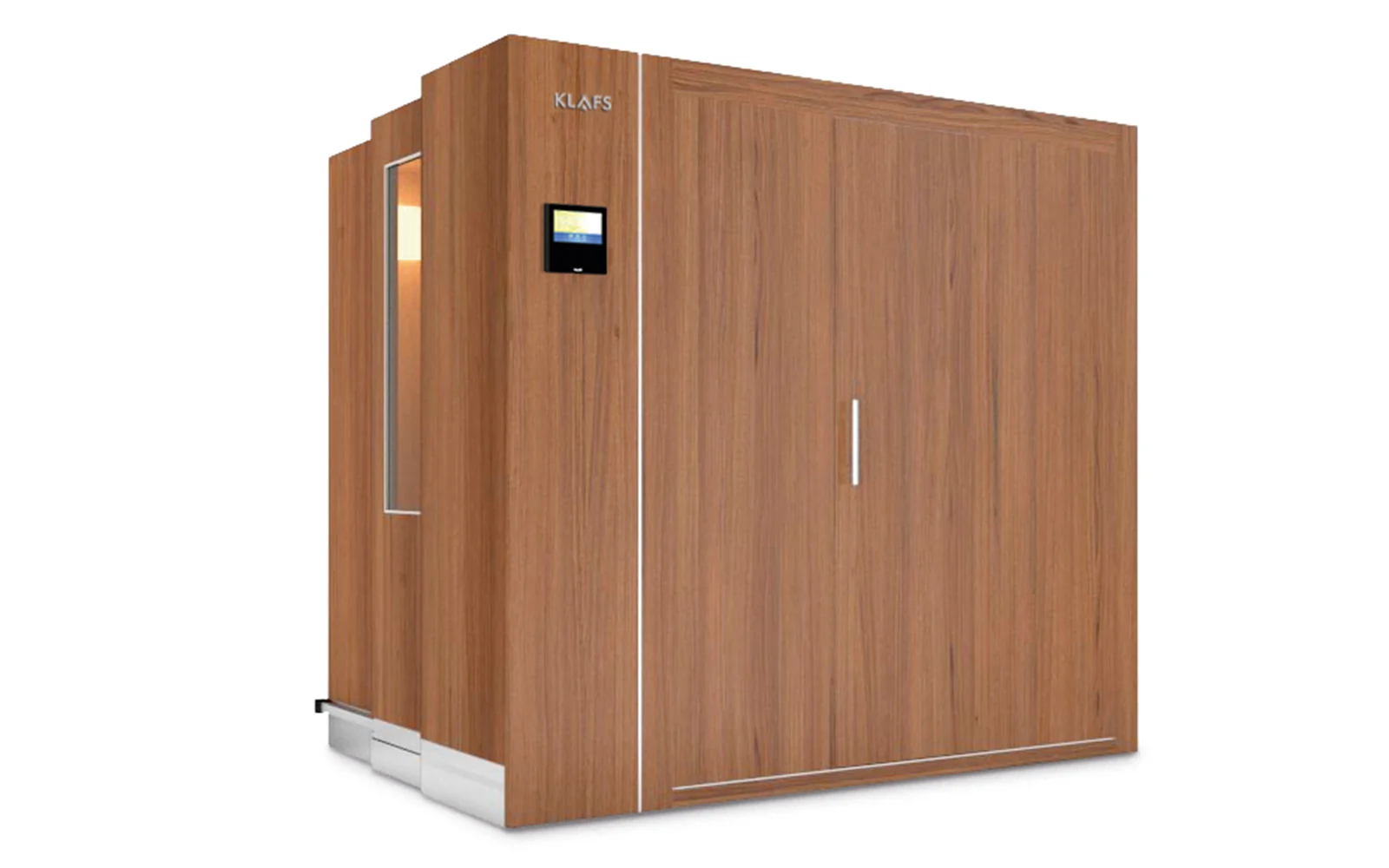 Klafs S1 retractable sauna cabin in oak wood finish, exterior product view