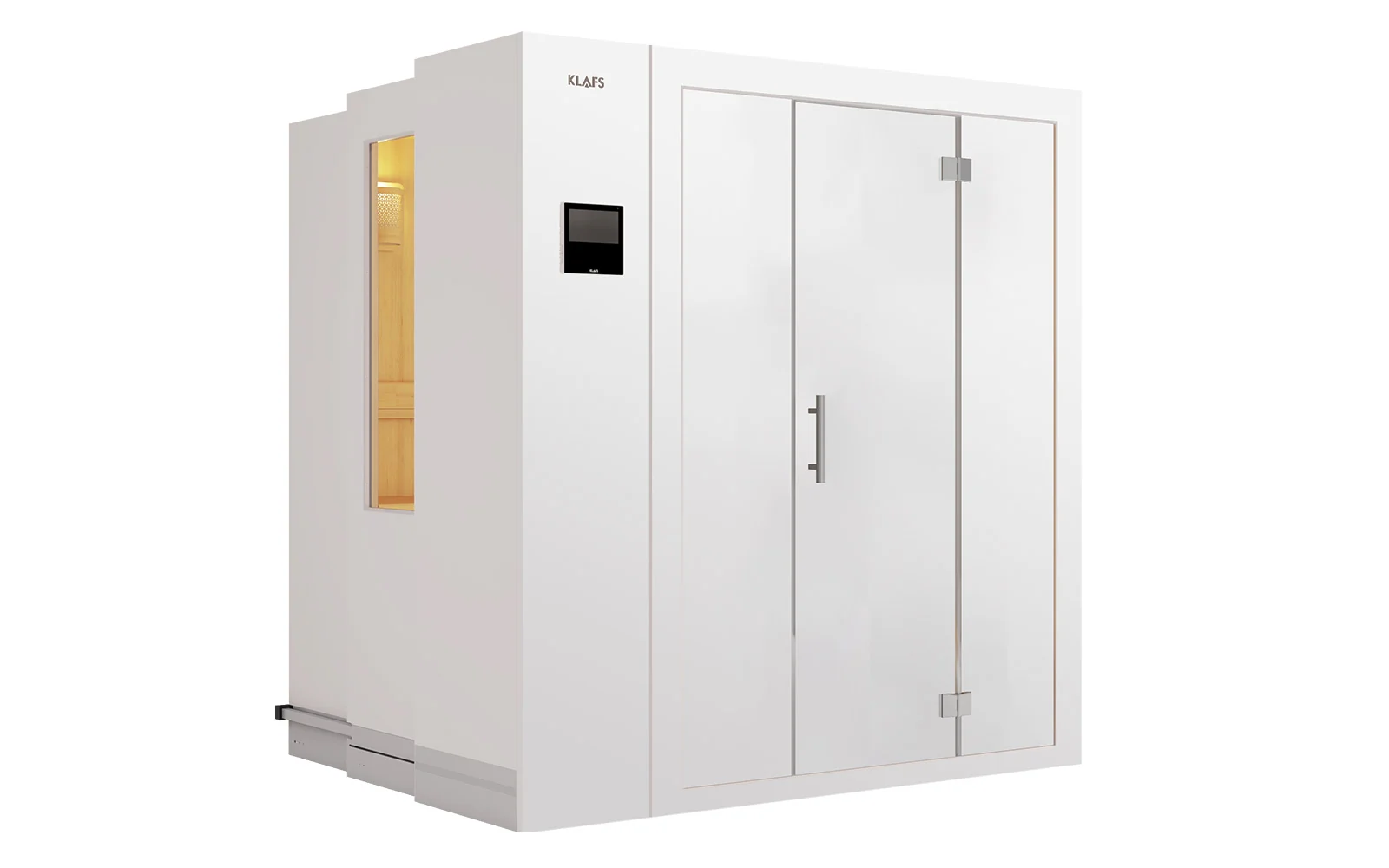 Klafs S1 retractable sauna cabin in white finish, exterior product view