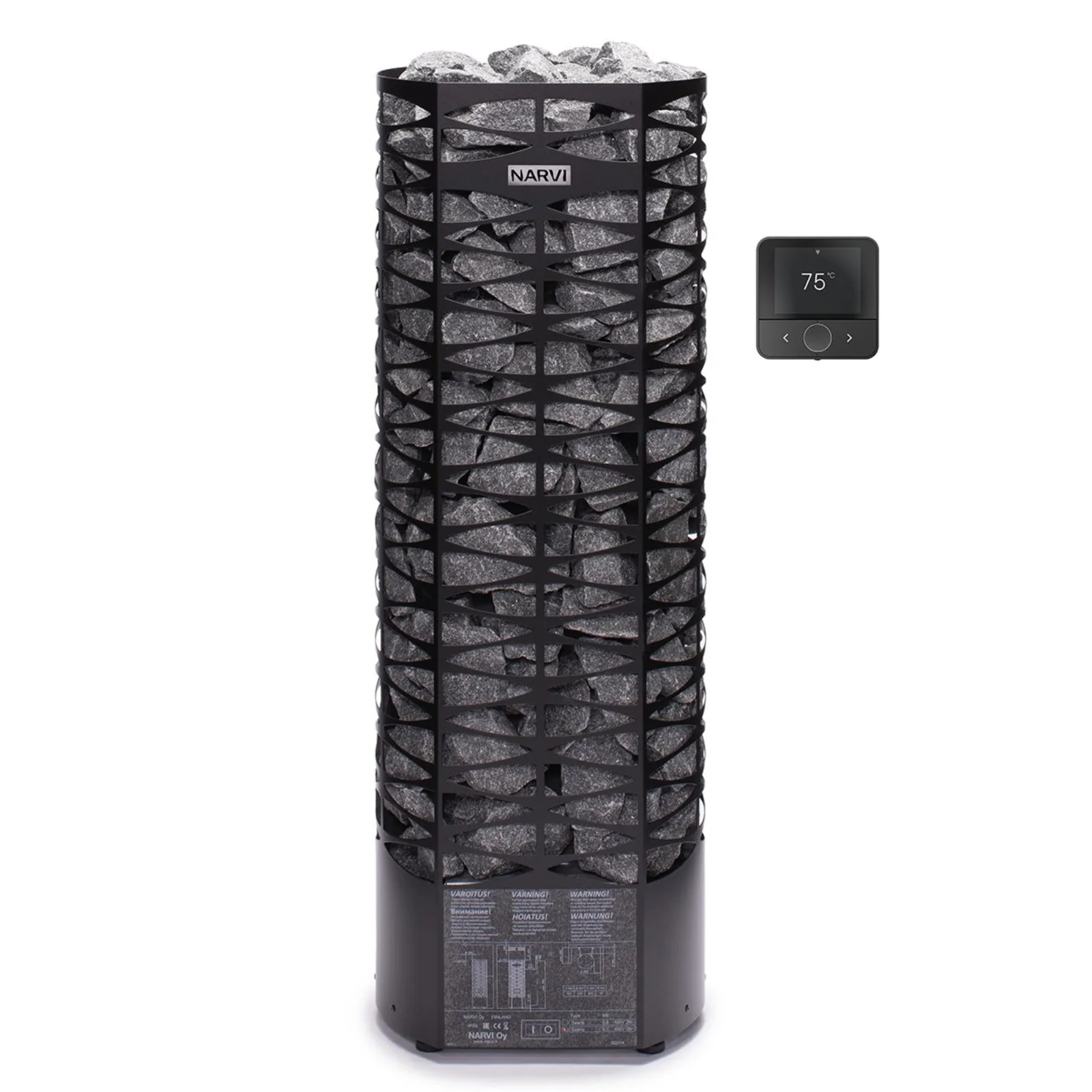 Narvi Saana heater in black with separate Flow controller panel