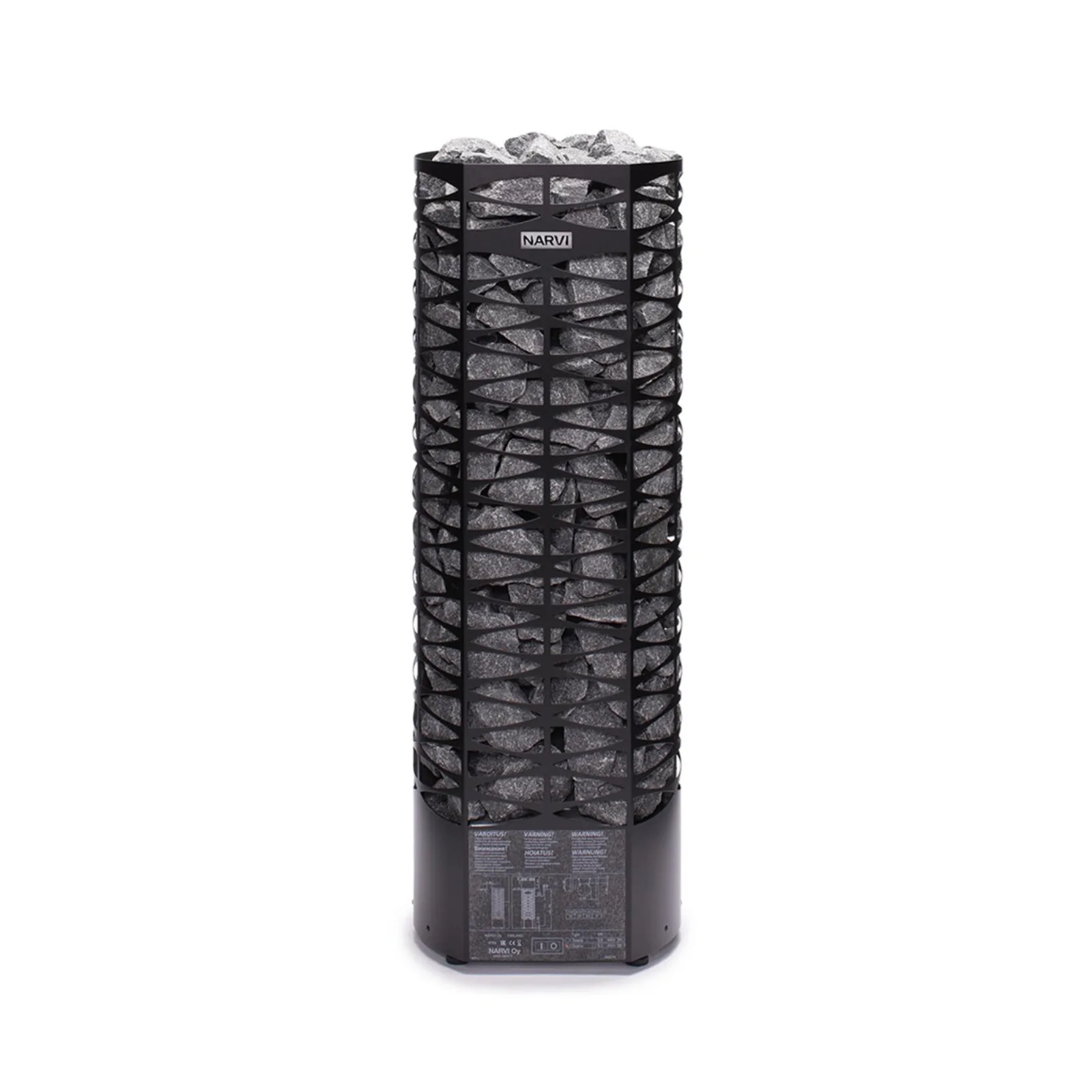Narvi Saana pillar electric sauna heater in stainless steel with visible stones