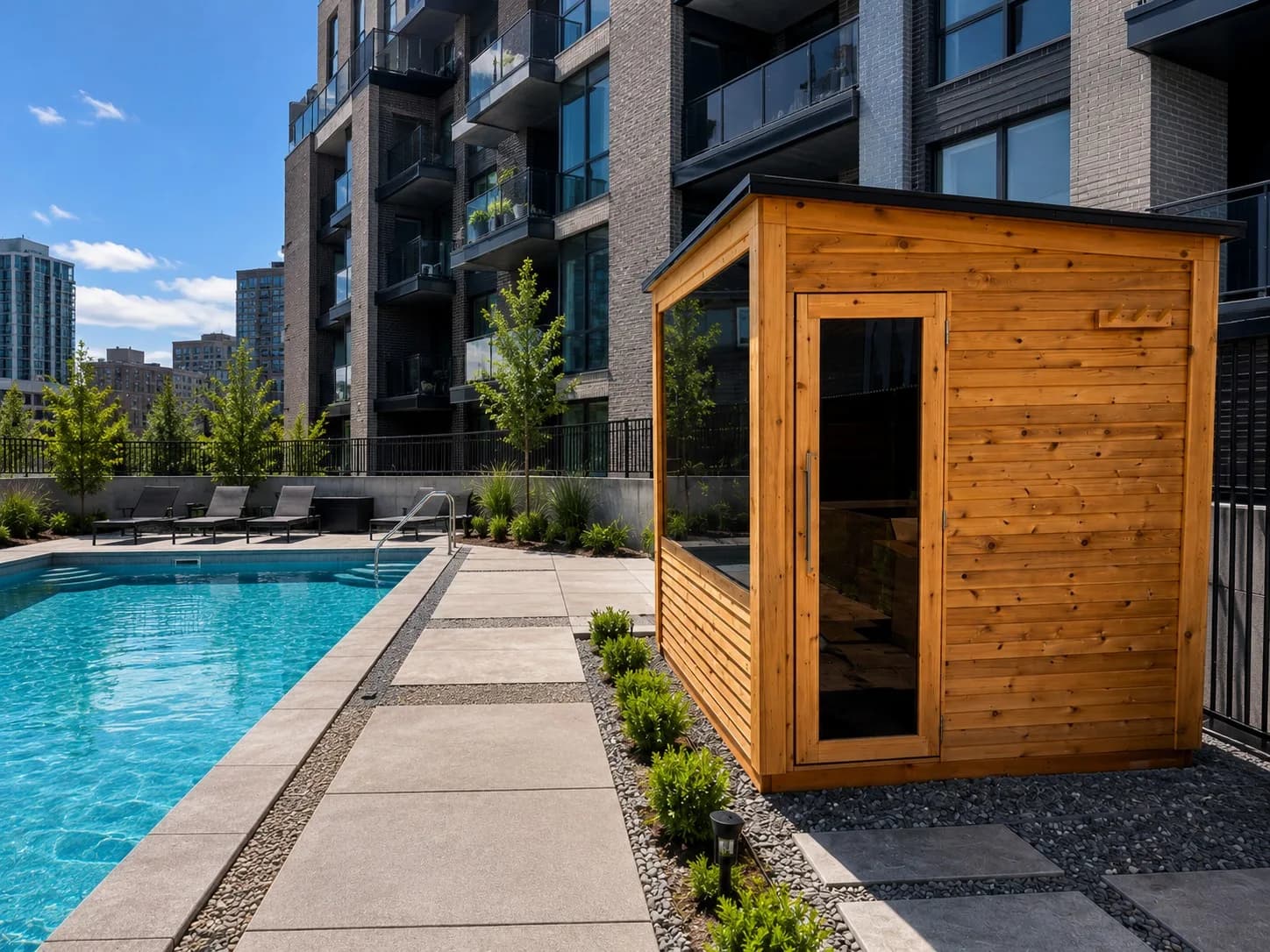 SaunaSpa.ca modern Cube Sauna with glass front next to a condo swimming pool