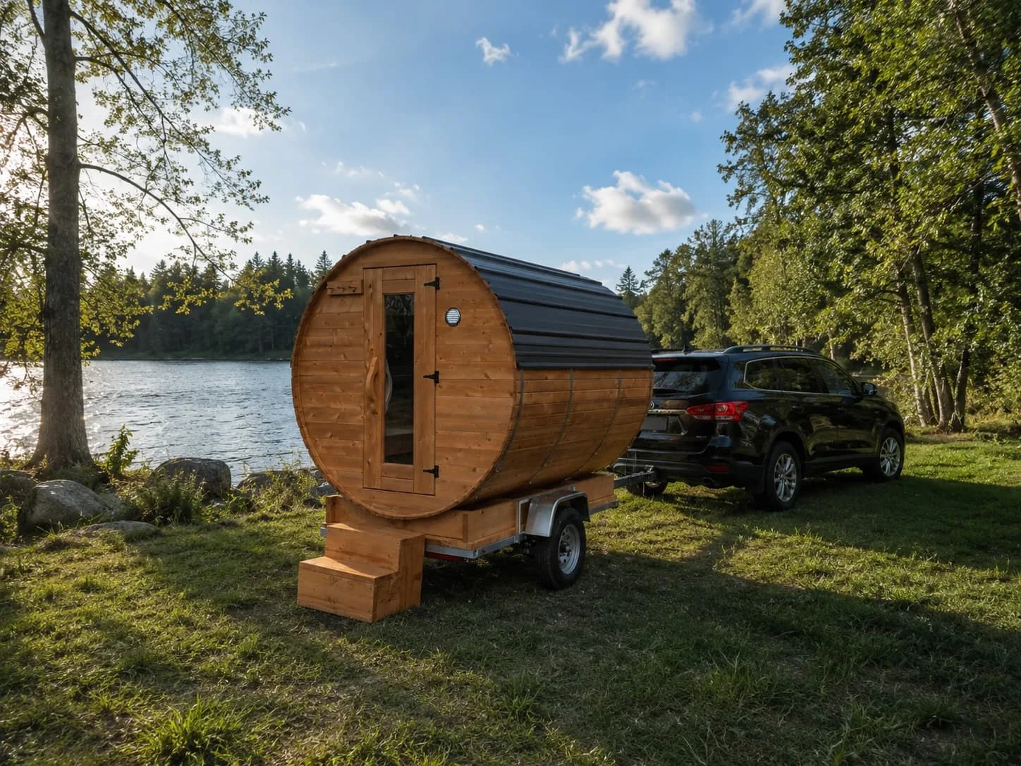 SaunaSpa.ca mobile barrel sauna on a trailer parked lakeside next to an SUV