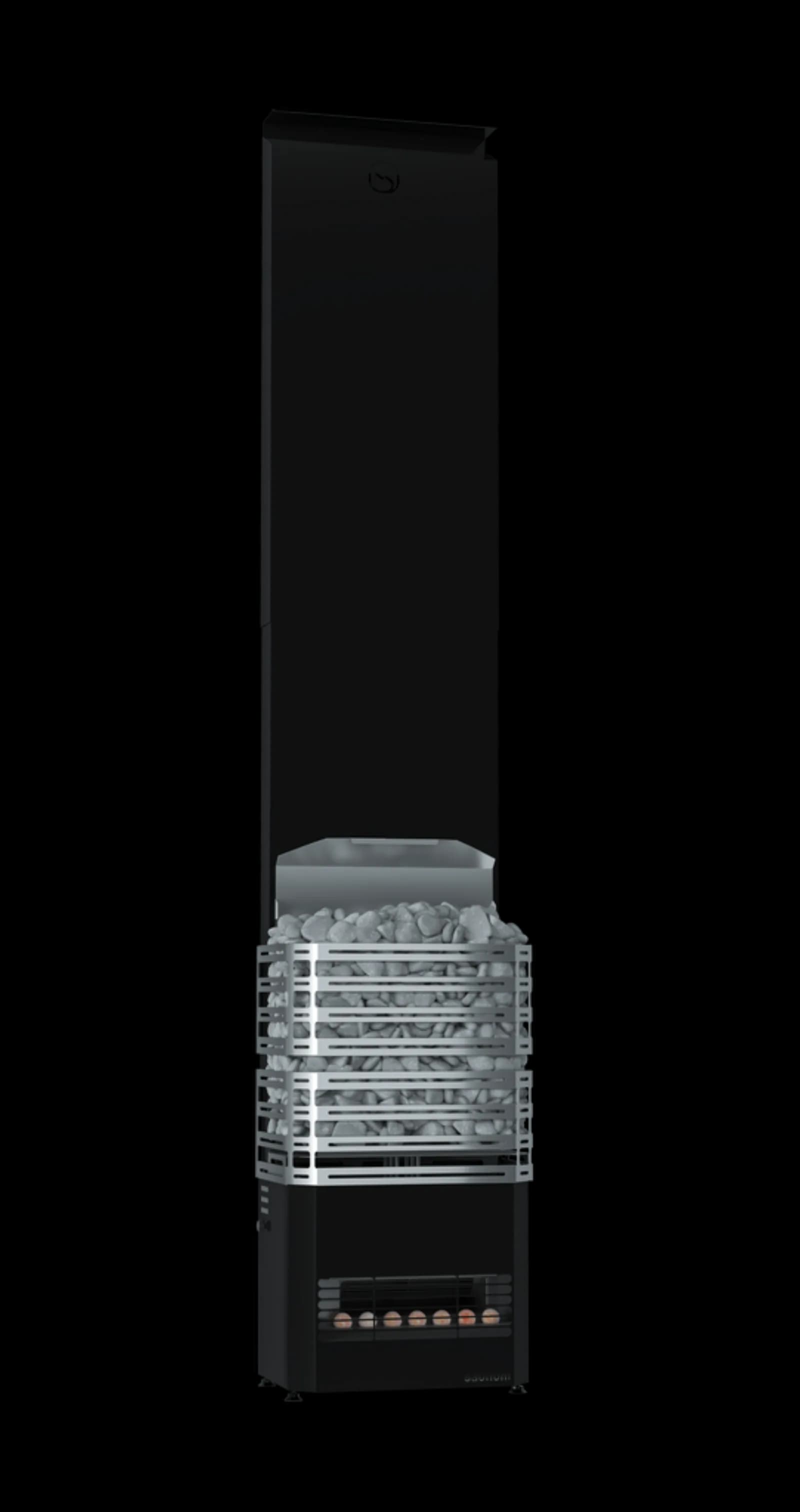 Saunum Experience heater in black with open stone basket