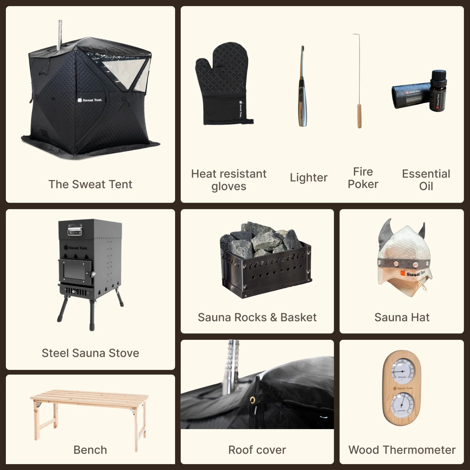 SweatTent Pro Bundle in black with wood stove, chimney and accessories